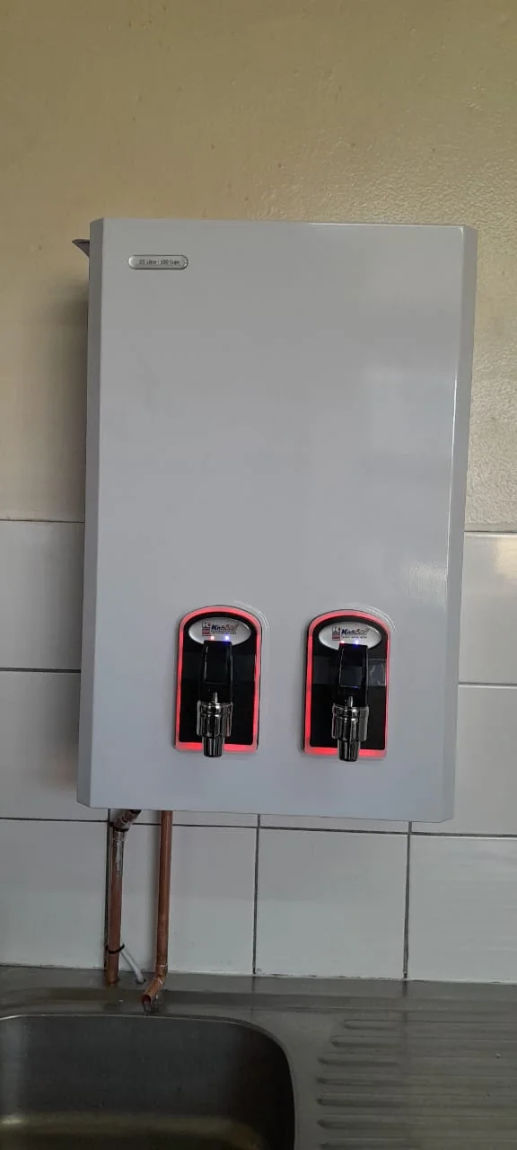 Gas geyser serviced and checked above a sink for a Blairgowrie hot-water maintenance job.