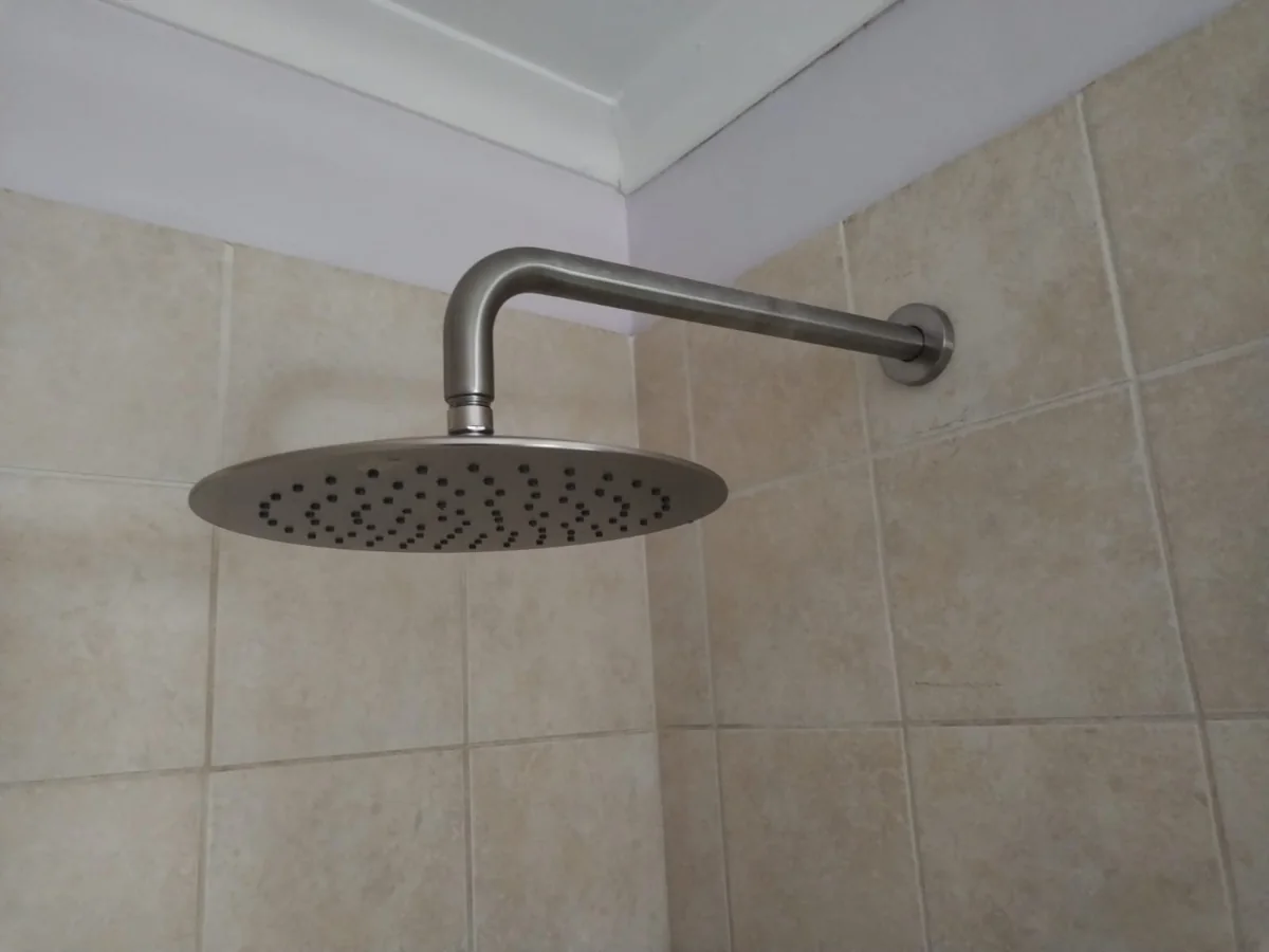 Shower head connector leak repaired beneath tiled wall area for a Bordeaux bathroom client.